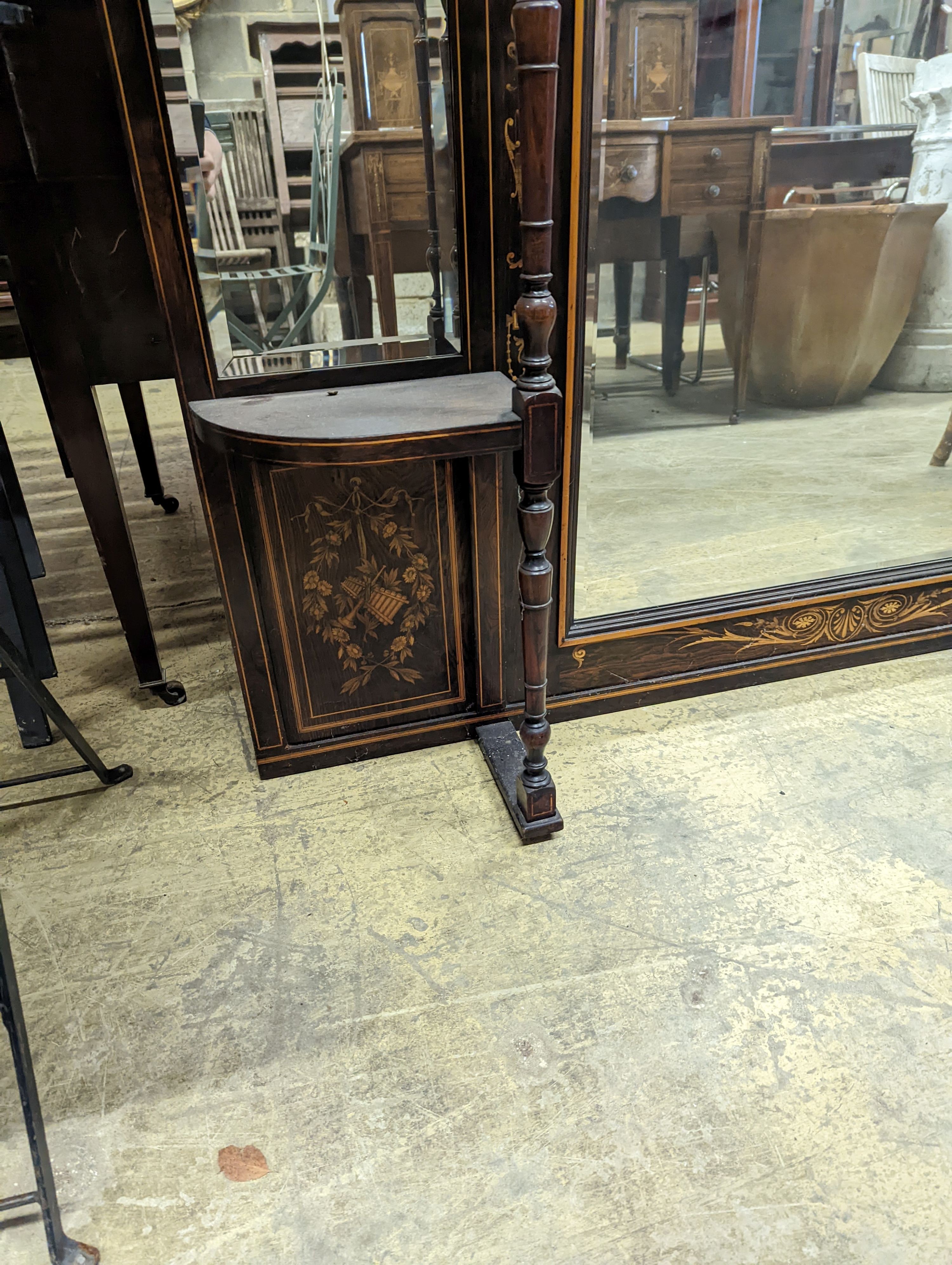 A late Victorian marquetry inlaid rosewood overmantel mirror, width 150cm, height 140cm